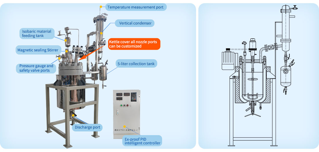 Picture of the 50L Jacketed Reaction Vessel S31603 Material Magnetic Sealed Vacuum Reactor structure