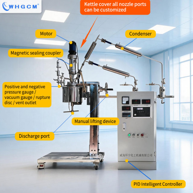 WHGCM ASME CE EAC Certified 0.5L Stainless Steel Magnetic Seal Polyester Reactor with Manual Lifting Device for Laboratory