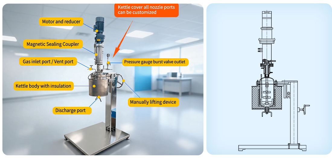 Picture of the 5L Stainless Steel 316L Lab Reactor Jacket Reactor  structure