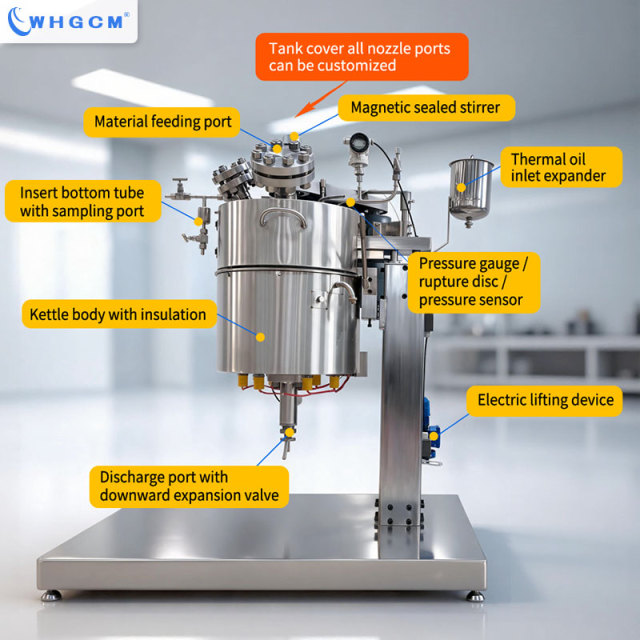 WHGCM 20L Hastelloy Jacketed Reaction Kettle Chemical Reactor Tank Pressure Vessel with Electric Lifting Device for Chemical