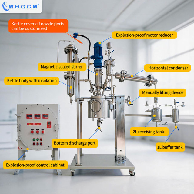 5L Corrosion Resistant Hastelloy Vacuum Distillation Jacketed Reactor with Manual Lifting Device and Magnetic Seal Coupler