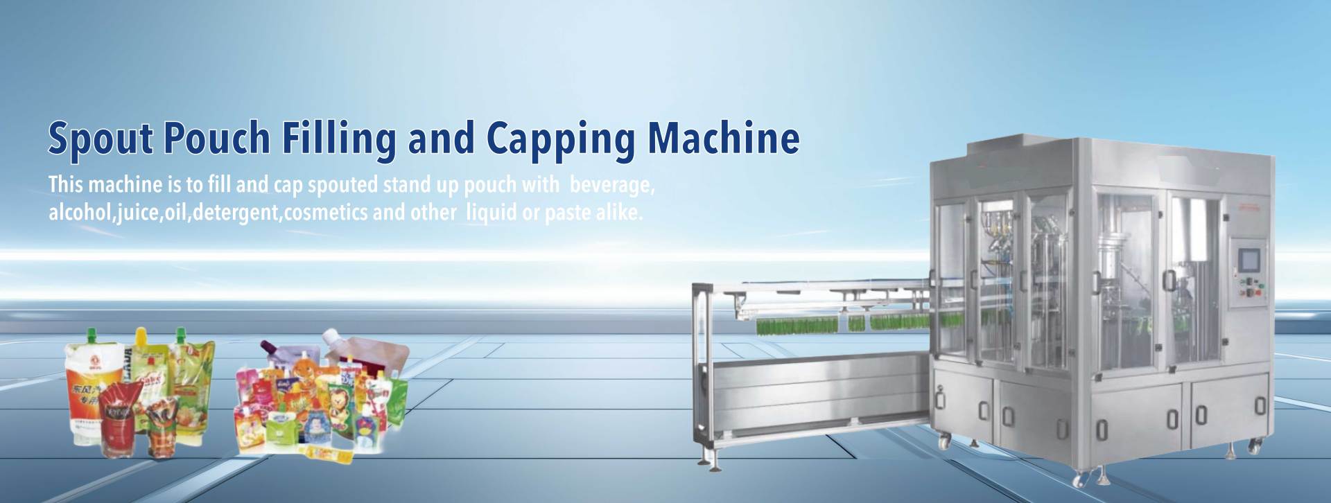 Spout Pouch Filling and Capping Machine,This machine is to fill and cap spouted stand up pounch with beverage,alcohol,juice,oil,detergent,cosmetics and other liquid or paste alike.