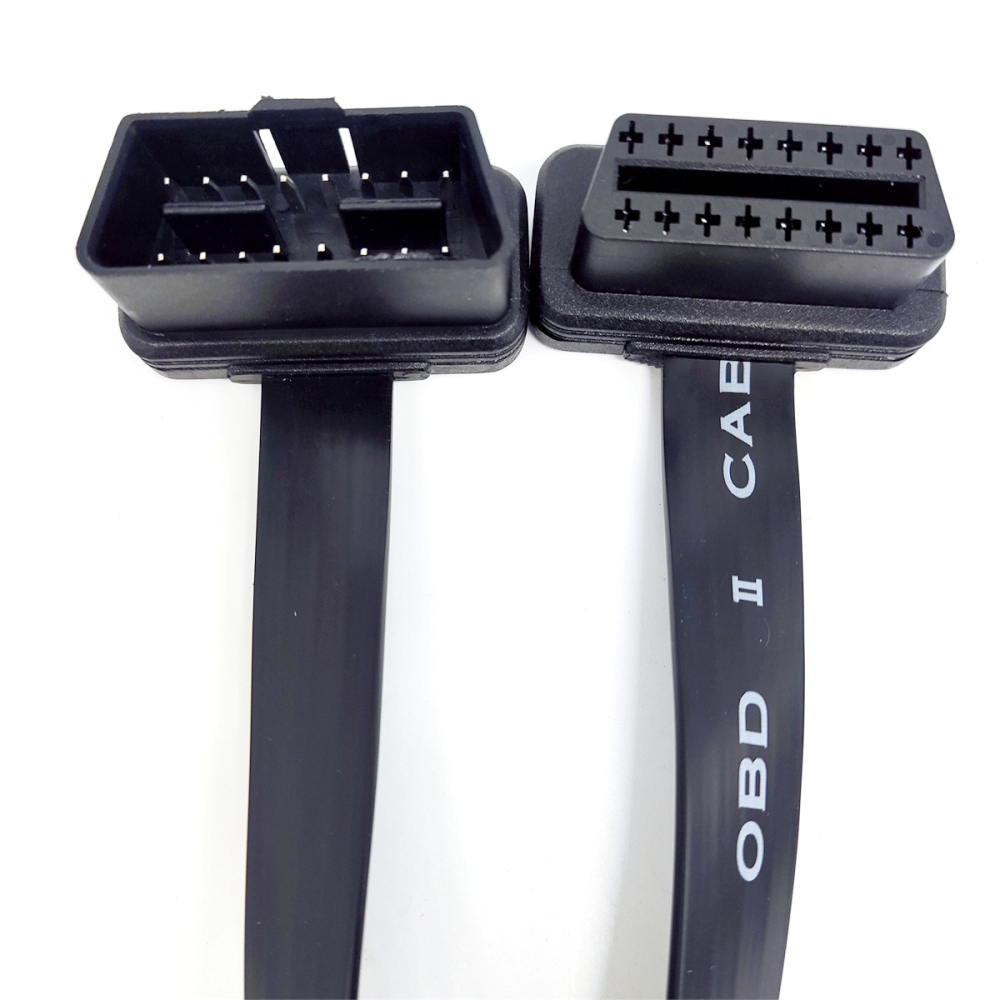 Full 16pin OBD II OBD2 Flat Ribbon Extension Cable Male to Female Extension Cable with Angled Connectors 1Ft for Diagnostic Tool