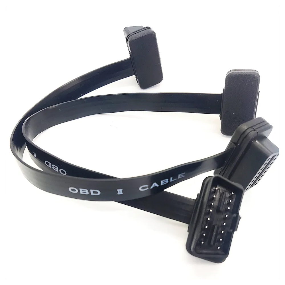 Full 16pin OBD II OBD2 Flat Ribbon Extension Cable Male to Female Extension Cable with Angled Connectors 1Ft for Diagnostic Tool