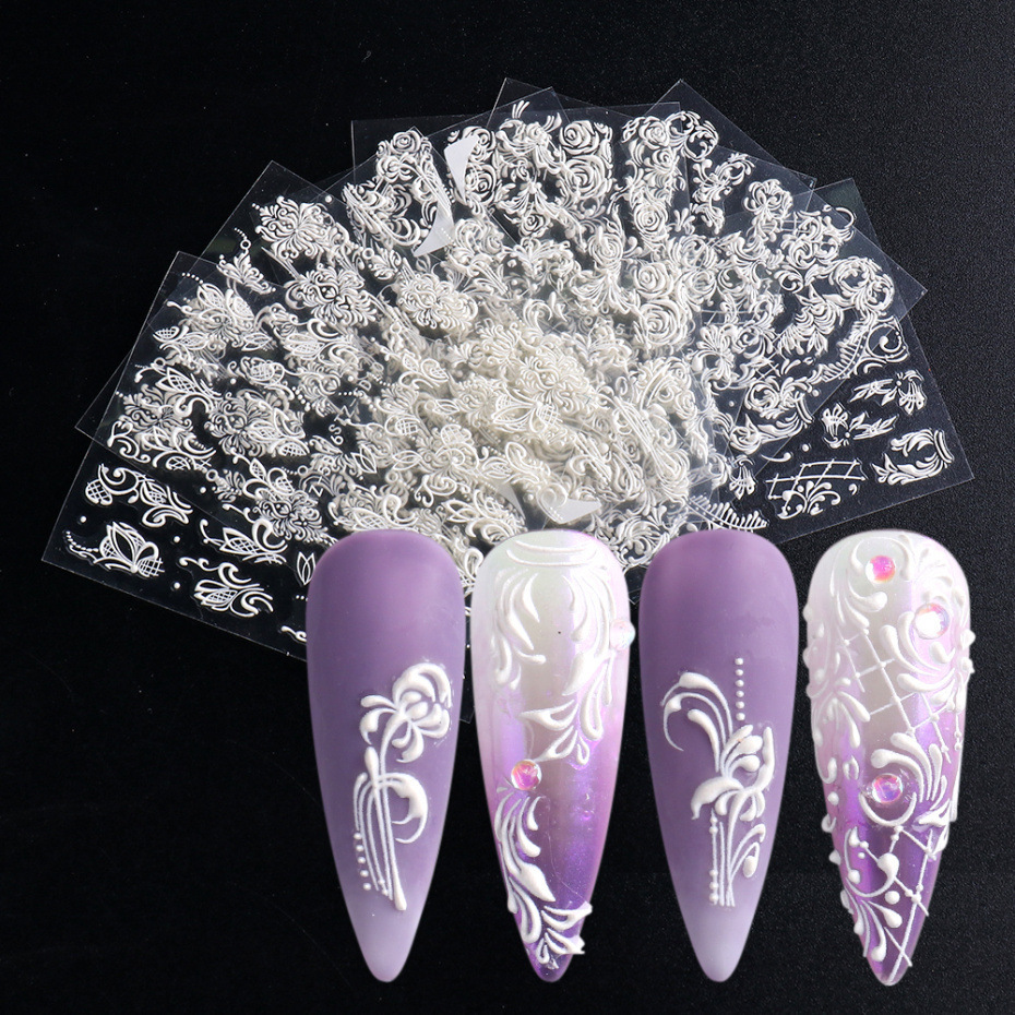 5D Embossed Nail Art Stickers DIY Adhesive Decals French Tips Snow Flower Designs (NPP37)