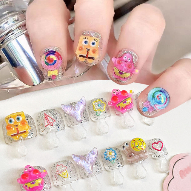 Newest Children's Wearable Fake Nails 12 pcs Press On Nails Lovely Designs with Double Side Sticker (PNT-207)