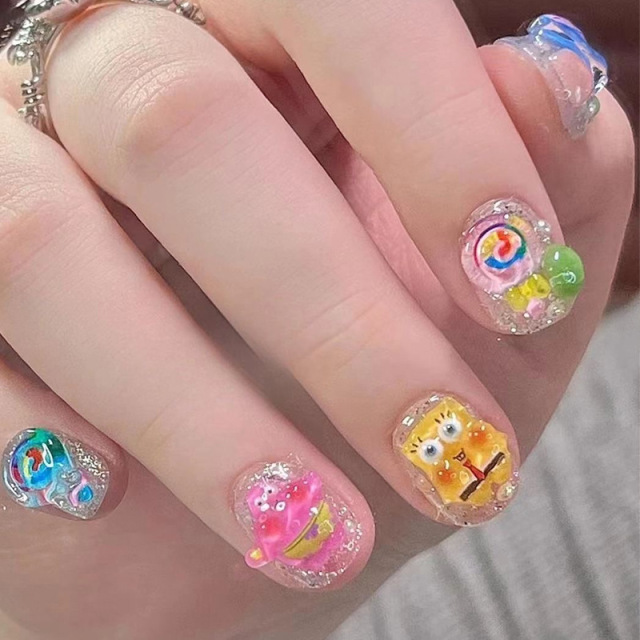 Newest Children's Wearable Fake Nails 12 pcs Press On Nails Lovely Designs with Double Side Sticker (PNT-207)