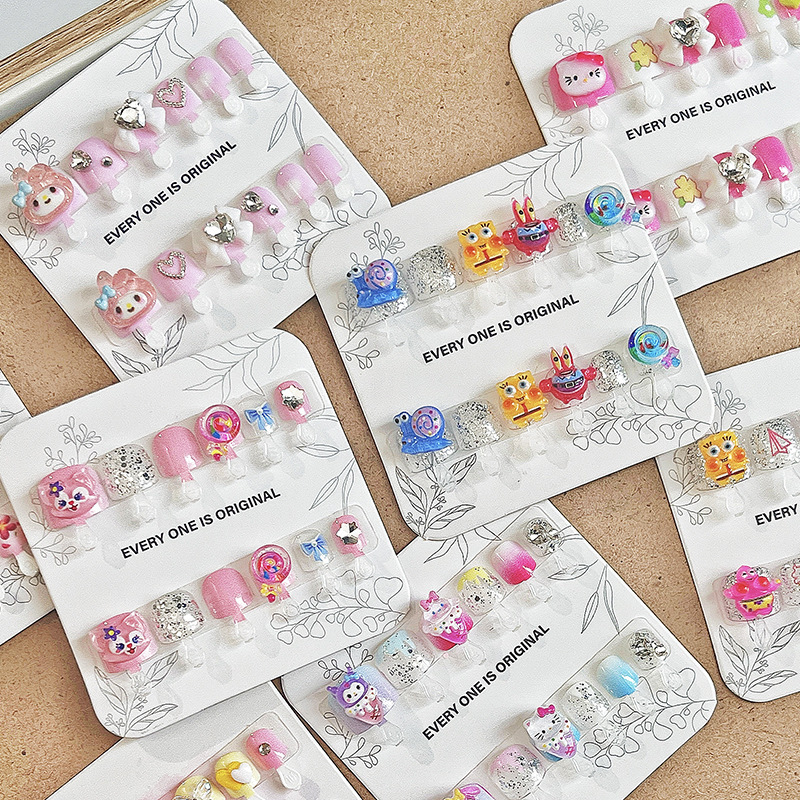 Newest Children's Wearable Fake Nails 12 pcs Press On Nails Lovely Designs with Double Side Sticker (PNT-207)