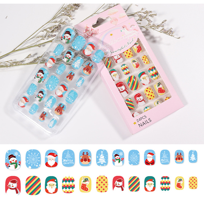 Christmas Children's Wearable Fake Nails 24 pcs Press On Nails Trees Snowflakes Santa (PNT-69)