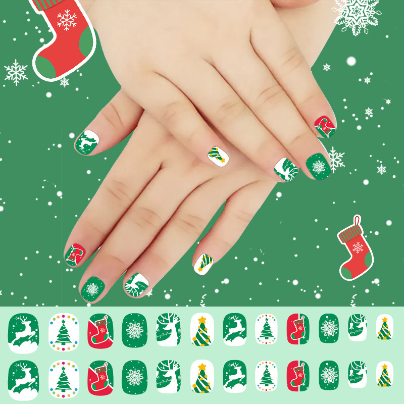 Christmas Children's Wearable Fake Nails 24 pcs Press On Nails Trees Snowflakes Santa (PNT-69)
