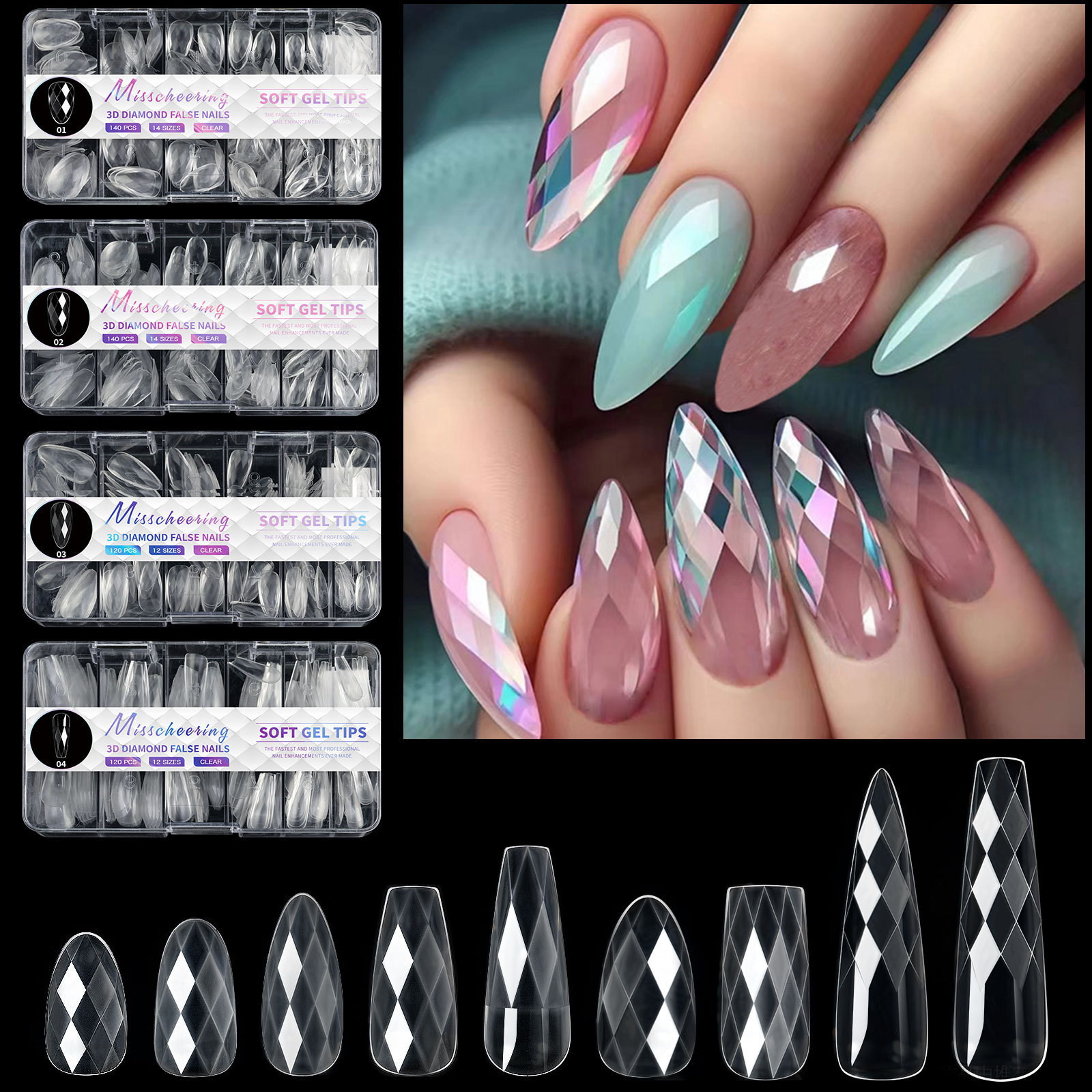 3D Diamond Shape Fake Nails Press On Nails Tips Reusable Nail Extension 120/140 pcs (NT37)