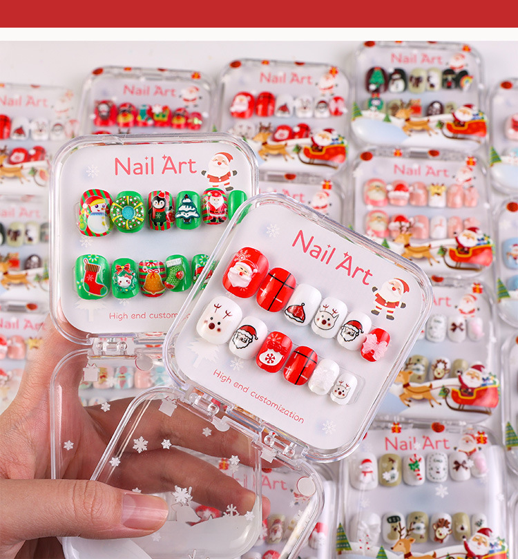 Christmas Children's Wearable False Nails 12 pcs Press On Nails Trees Snowflakes Santa (PNT-219)
