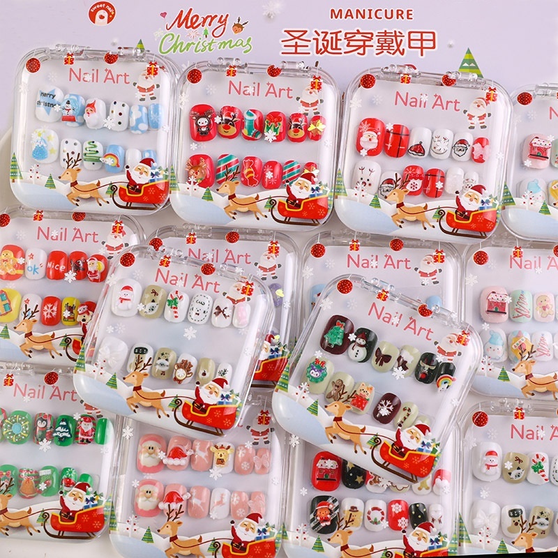 Christmas Children's Wearable False Nails 12 pcs Press On Nails Trees Snowflakes Santa (PNT-219)