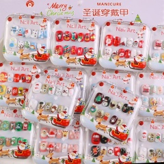 Christmas Children's Wearable False Nails 12 pcs Press On Nails Trees Snowflakes Santa (PNT-219)