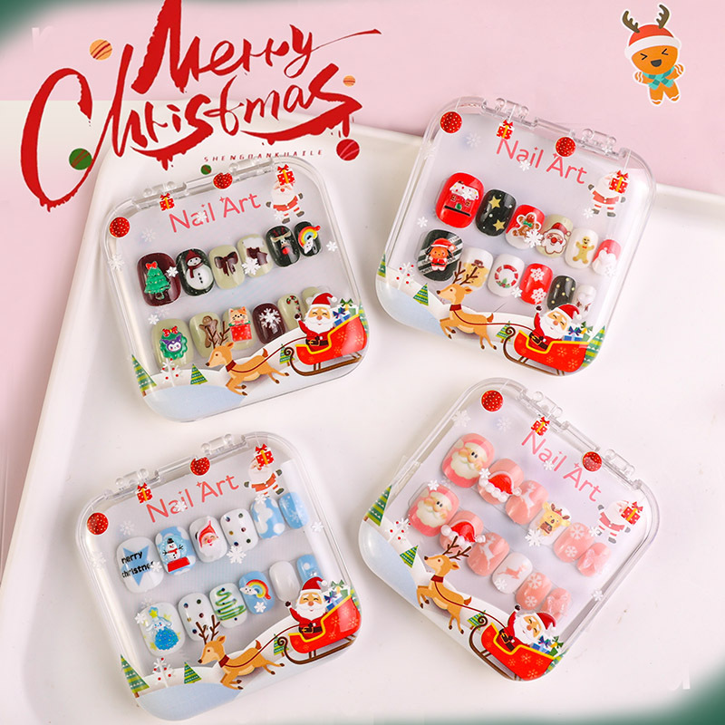 Christmas Children's Wearable False Nails 12 pcs Press On Nails Trees Snowflakes Santa (PNT-219)