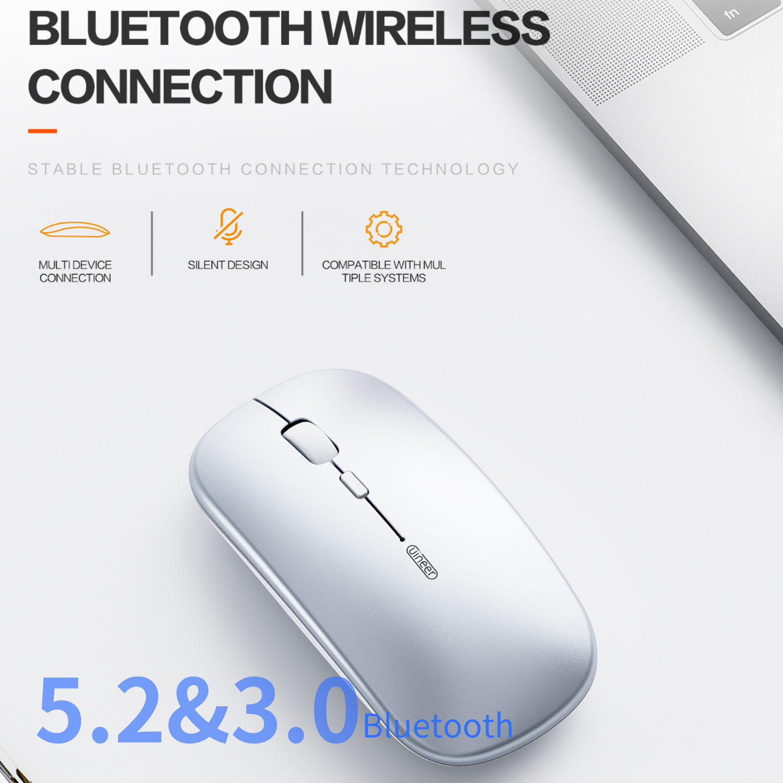 Wireless Bluetooth Mouse,Rechargeable Mouse(BT5.2 & 3.0) with Silent Click, 3-Level DPI Portable Mouse for Laptop, Computer(Silver)