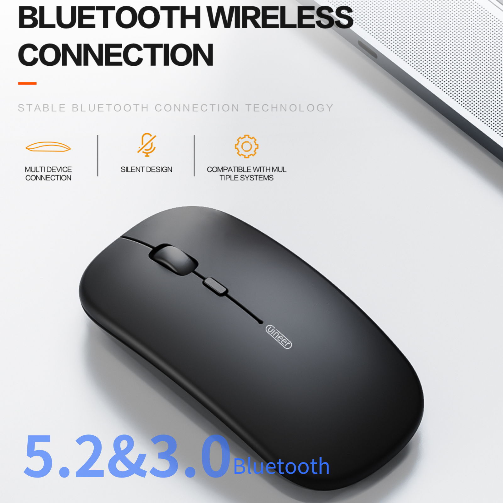 Wireless Bluetooth Mouse,Rechargeable Mouse(BT5.2 & 3.0) with Silent Click, 3-Level DPI Portable Mouse for Laptop, Computer(Black)