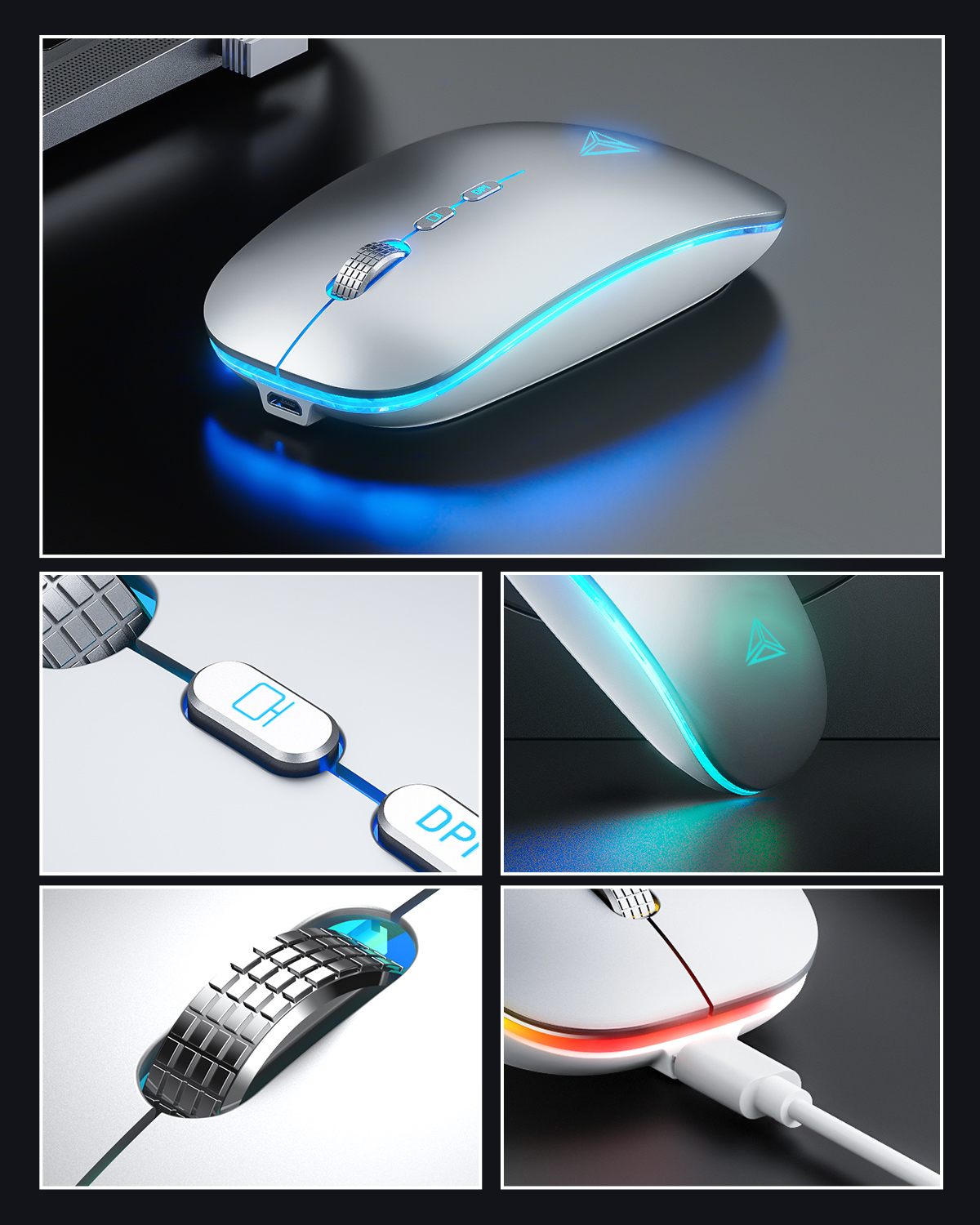 Uineer Bluetooth Mouse, LED Rechargeable Wireless Mouse(BT 5.1+2.4G), Silent Computer Mice for Laptop Desktop, MacBook, Windows, Mac OS,Silver