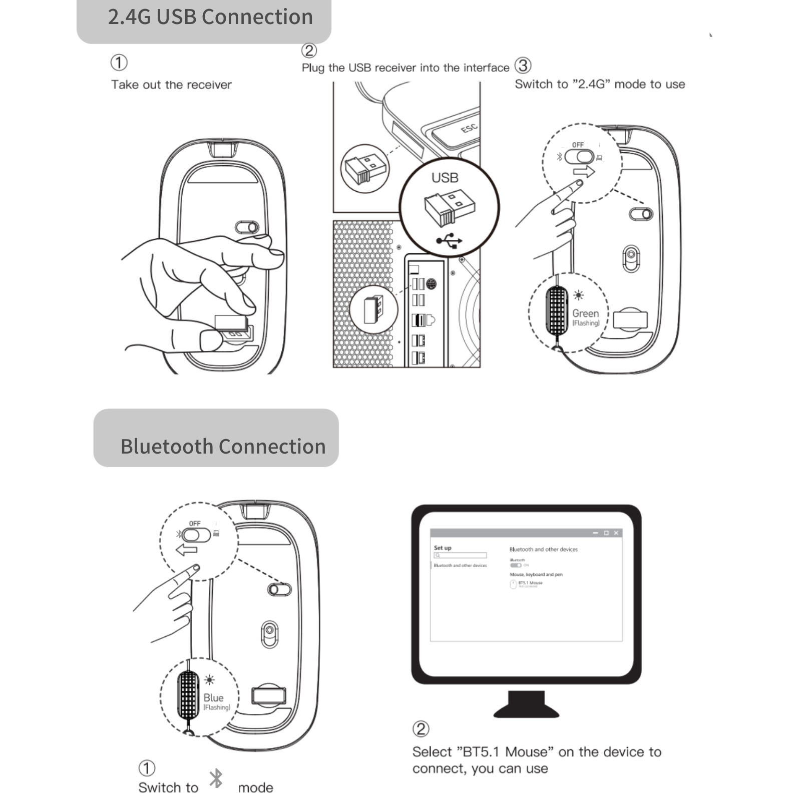 Uineer Bluetooth Mouse, LED Rechargeable Wireless Mouse(BT 5.1+2.4G), Silent Computer Mice for Laptop Desktop, MacBook, Windows, Mac OS,Silver