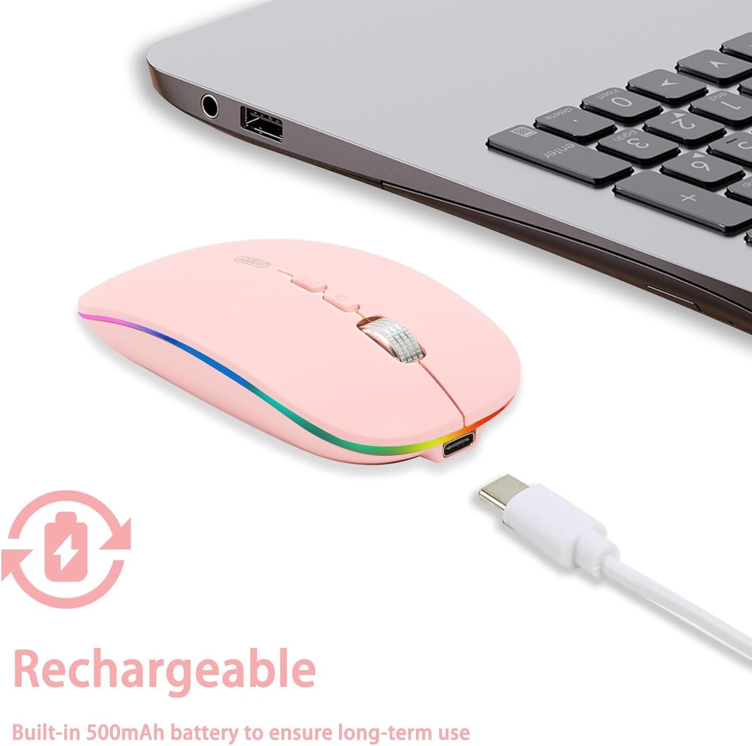 Uineer Bluetooth Mouse, Rechargeable Bluetooth (BT 5.1+2.4G) Wireless Mouse, Silent Computer Mice for Laptop Desktop, MacBook, Windows, Mac OS(Pink)