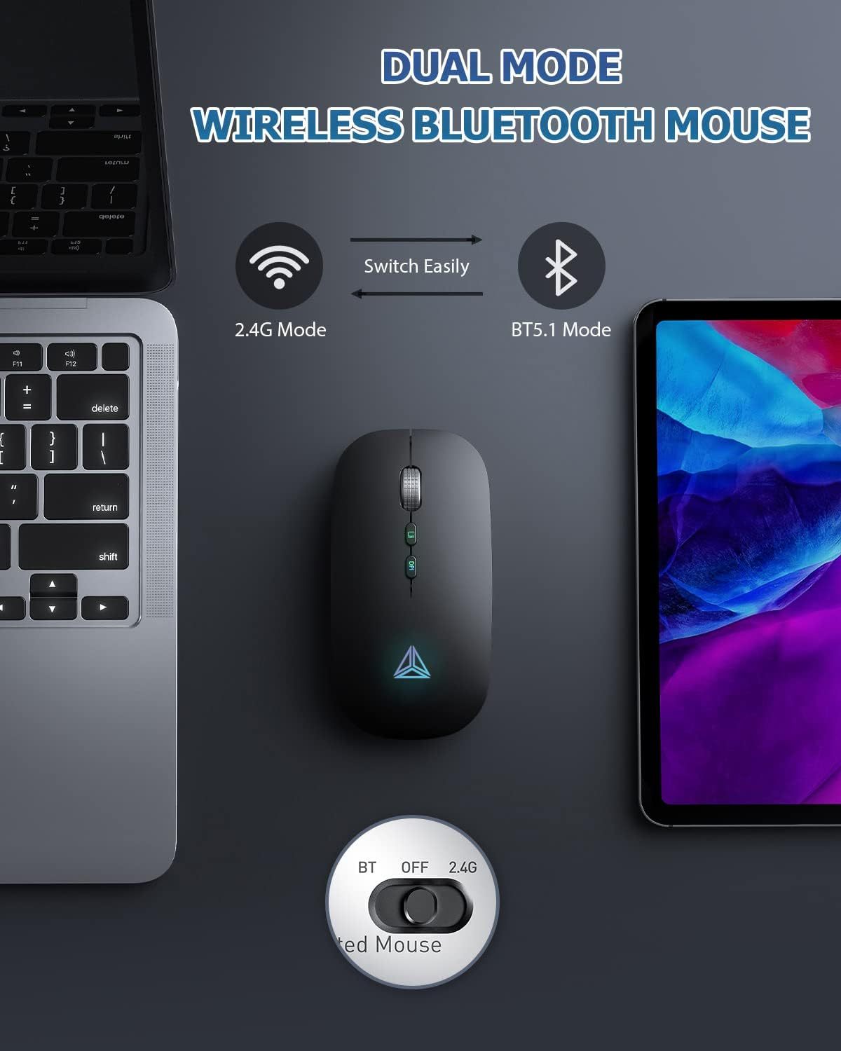 Uineer Bluetooth Mouse, Rechargeable Bluetooth (BT 5.1+2.4G) Wireless Mouse, Silent Computer Mice for Laptop Desktop, MacBook, Windows, Mac OS(Pink)