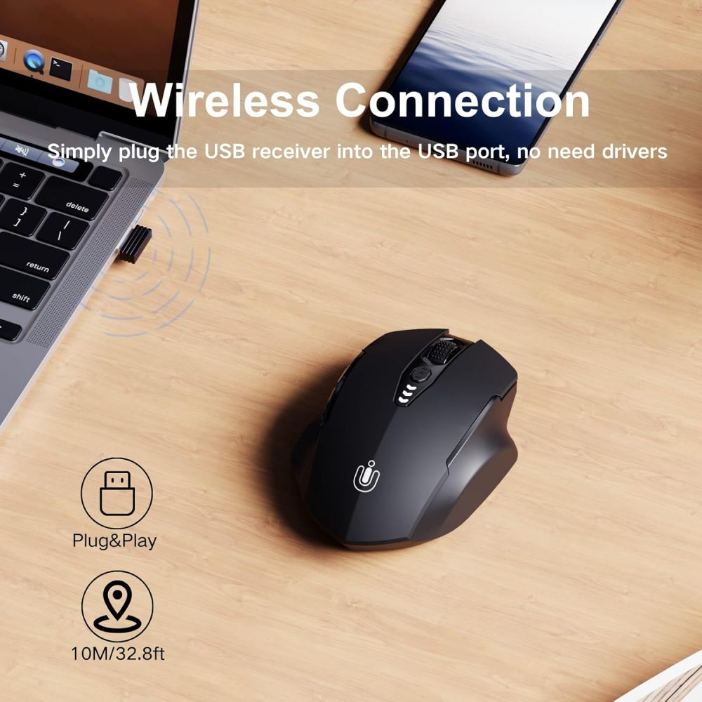 Uineer Wireless Mouse,[Upgraded] Rechargeable Mouse 2.4GHz (Battery Level Visible) Ergonomic Computer Mouse,4 Levels DPI, Wireless Mouse for Laptop PC Computer(Matte Black)