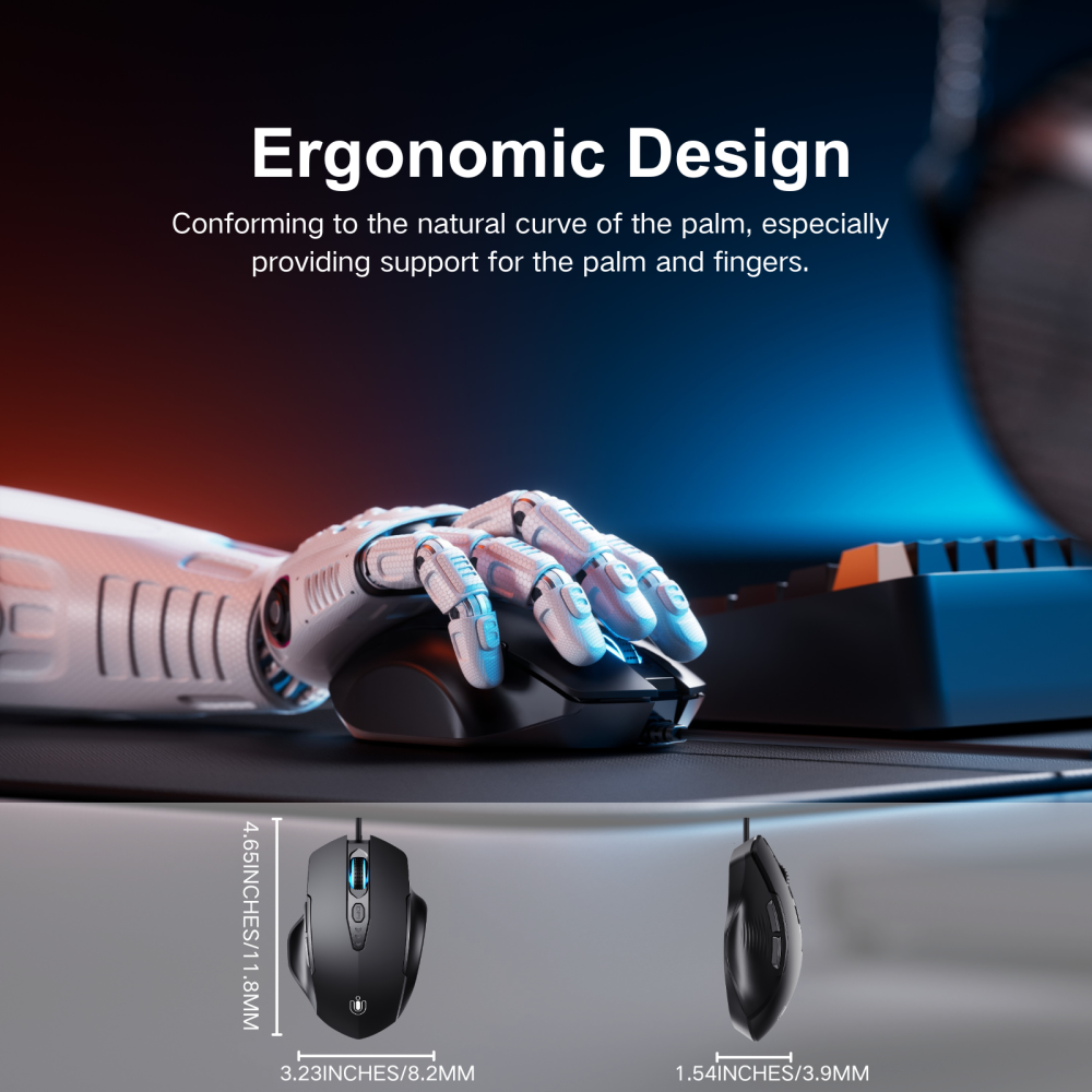 Uineer Wired Mouse, USB Wired Mouse with 6 Buttons Ergonomic Design,1.5M USB Cable Computer Mouse Gaming Mice 7200DPI Optical Mouse for PC Laptop, Matte Black
