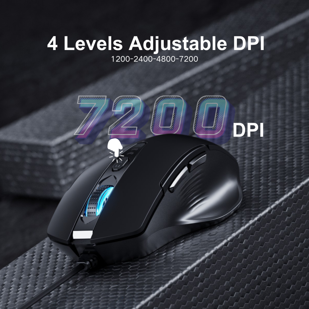 Uineer Wired Mouse, USB Wired Mouse with 6 Buttons Ergonomic Design,1.5M USB Cable Computer Mouse Gaming Mice 7200DPI Optical Mouse for PC Laptop, Matte Black