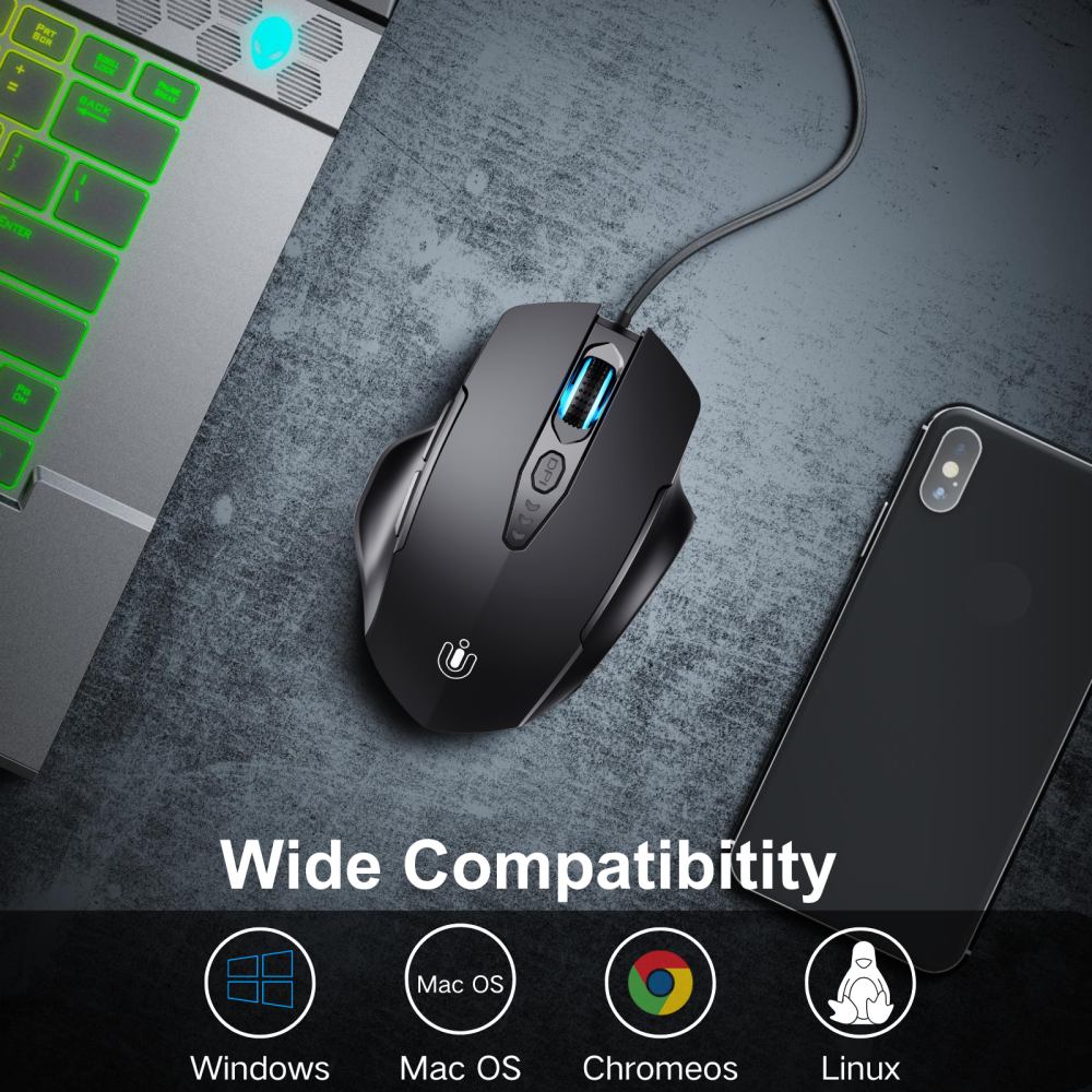 Uineer Wired Mouse, USB Wired Mouse with 6 Buttons Ergonomic Design,1.5M USB Cable Computer Mouse Gaming Mice 7200DPI Optical Mouse for PC Laptop, Matte Black