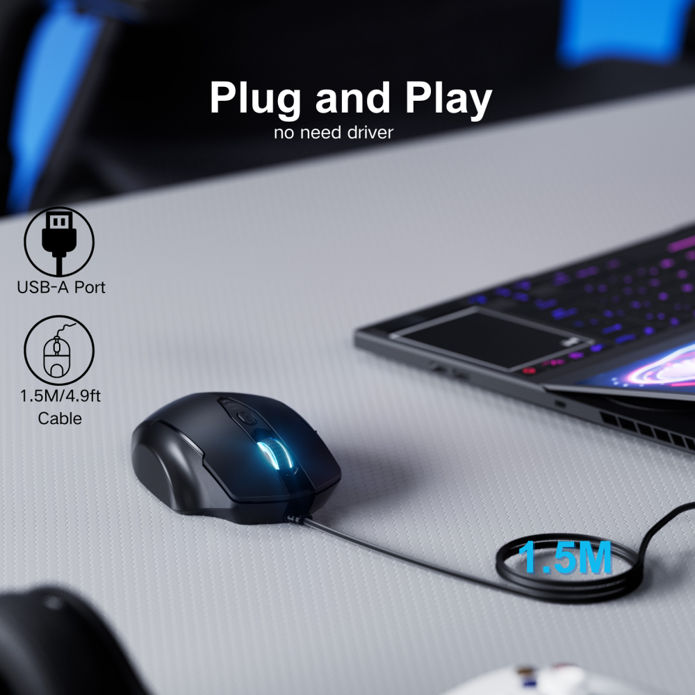 Uineer Wired Mouse, USB Wired Mouse with 6 Buttons Ergonomic Design,1.5M USB Cable Computer Mouse Gaming Mice 7200DPI Optical Mouse for PC Laptop, Matte Black