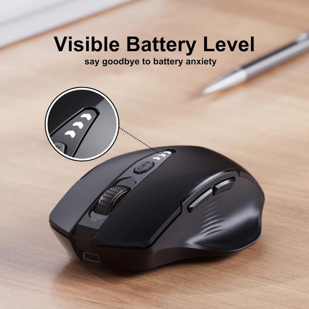 Uineer Wireless Mouse,[Upgraded] Rechargeable Mouse 2.4GHz (Battery Level Visible) Ergonomic Computer Mouse,4 Levels DPI, Wireless Mouse for Laptop PC Computer(Matte Black)