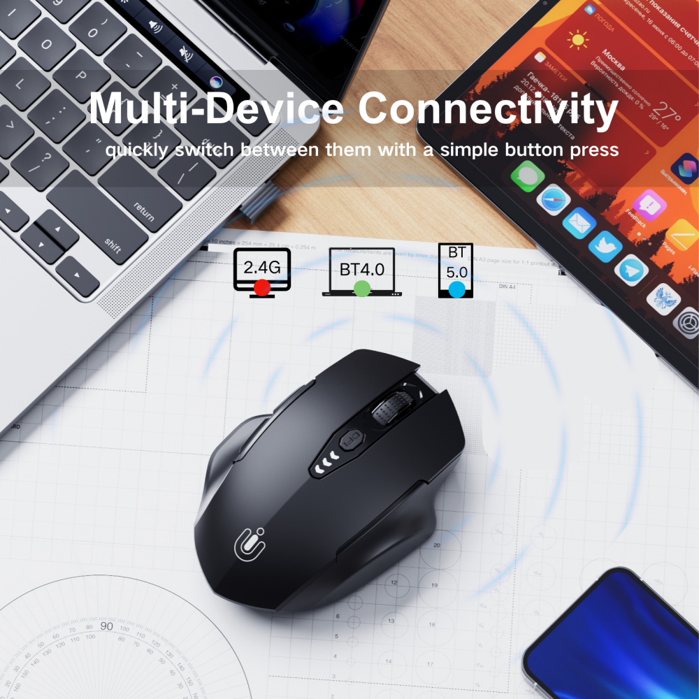 Uineer Bluetooth Mouse,[Upgraded] Multi-Device Wireless mouse,Visible Battery Level,Tri-mode (BT 5.0/4.0+2.4G Hz) Rechargeable Ergonomic mouse, 4 Adjustable DPI,Coldless mouse for Laptop and PC,black