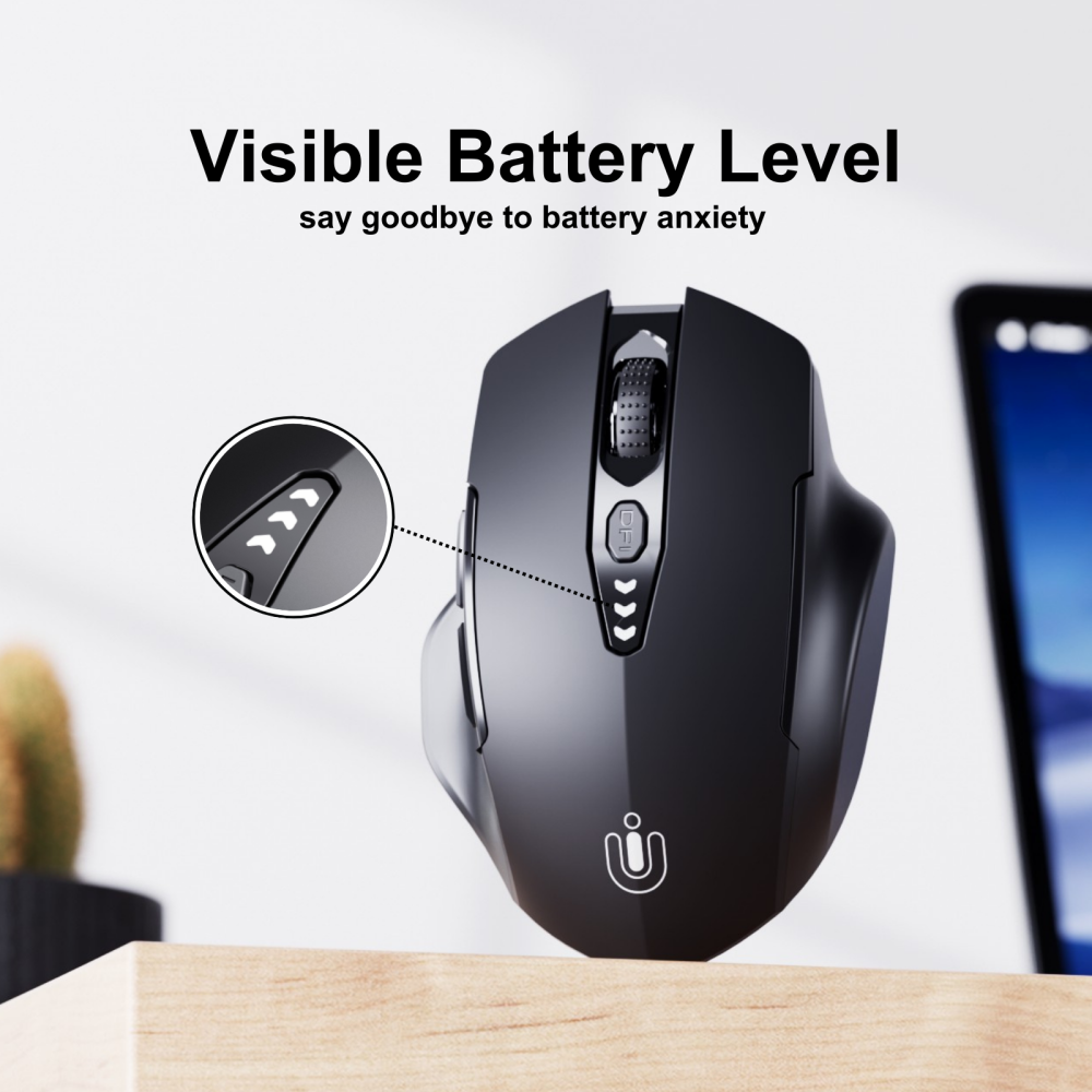 Uineer Bluetooth Mouse,[Upgraded] Multi-Device Wireless mouse,Visible Battery Level,Tri-mode (BT 5.0/4.0+2.4G Hz) Rechargeable Ergonomic mouse, 4 Adjustable DPI,Coldless mouse for Laptop and PC,black