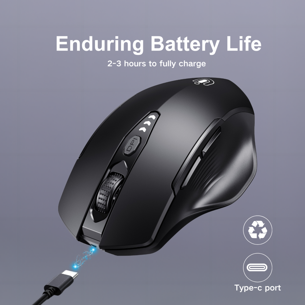 Uineer Bluetooth Mouse,[Upgraded] Multi-Device Wireless mouse,Visible Battery Level,Tri-mode (BT 5.0/4.0+2.4G Hz) Rechargeable Ergonomic mouse, 4 Adjustable DPI,Coldless mouse for Laptop and PC,black