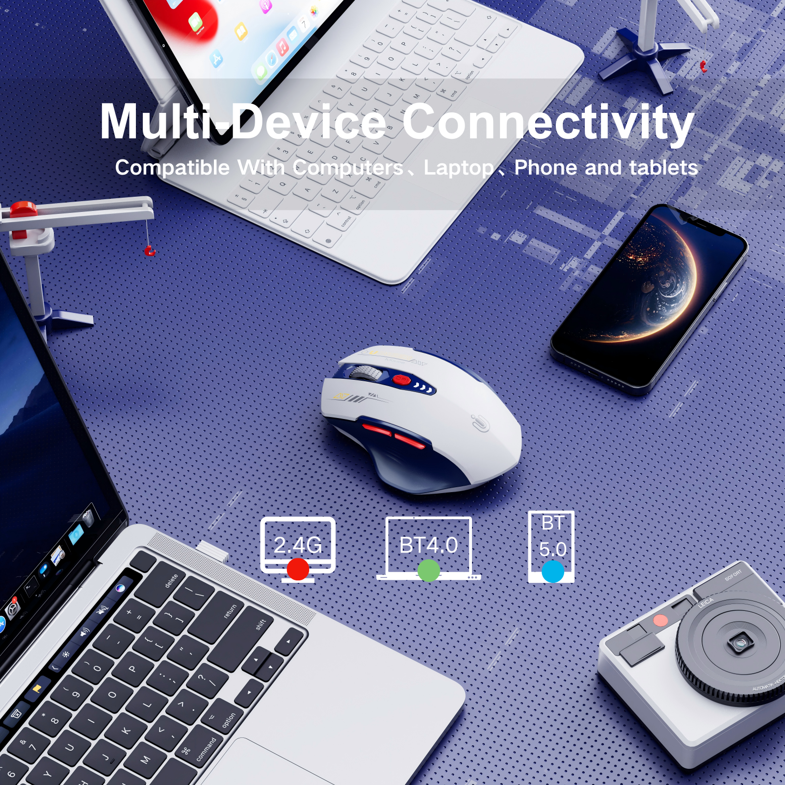 Uineer Bluetooth Mouse,[Upgraded] Multi-Device Wireless mouse,Visible Battery Level,Tri-mode (BT 5.0/4.0+2.4G Hz) Rechargeable Ergonomic mouse, 4 Adjustable DPI,Coldless mouse for Laptop and PC,Bluewhite