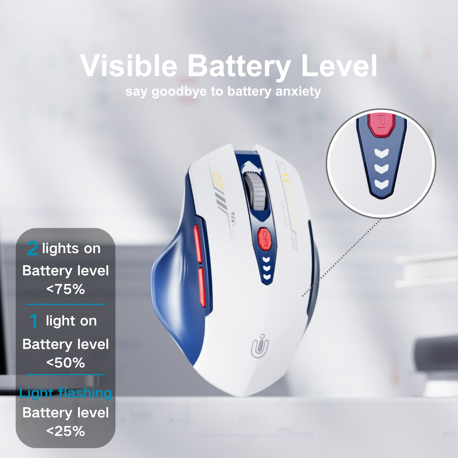 Uineer Bluetooth Mouse,[Upgraded] Multi-Device Wireless mouse,Visible Battery Level,Tri-mode (BT 5.0/4.0+2.4G Hz) Rechargeable Ergonomic mouse, 4 Adjustable DPI,Coldless mouse for Laptop and PC,Bluewhite