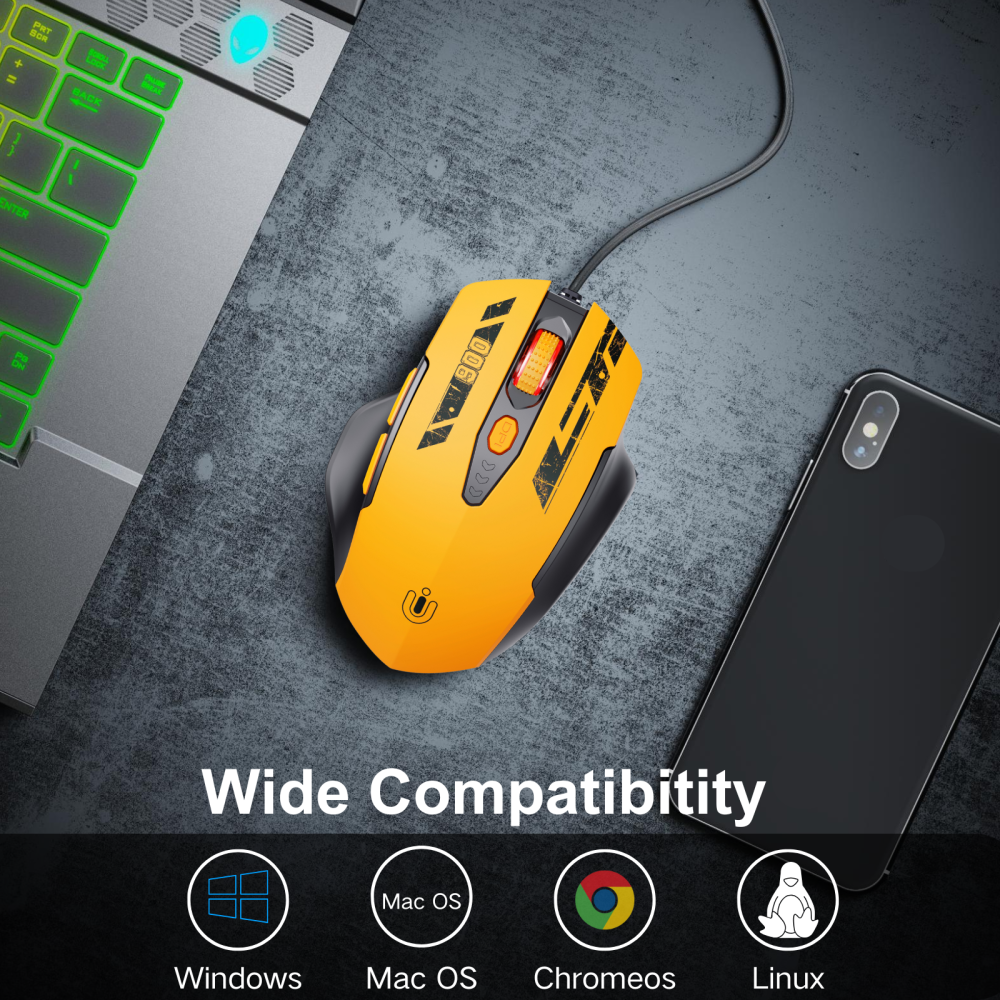 Uineer Wired Mouse, USB Wired Mouse with 6 Buttons Ergonomic Design,1.5M USB Cable Computer Mouse Gaming Mice 7200DPI Optical Mouse for PC Laptop, Yellow
