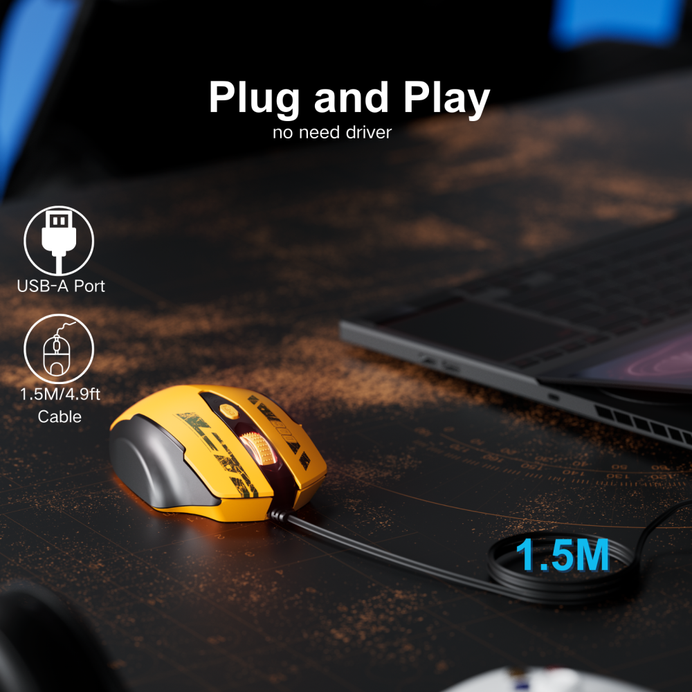 Uineer Wired Mouse, USB Wired Mouse with 6 Buttons Ergonomic Design,1.5M USB Cable Computer Mouse Gaming Mice 7200DPI Optical Mouse for PC Laptop, Yellow