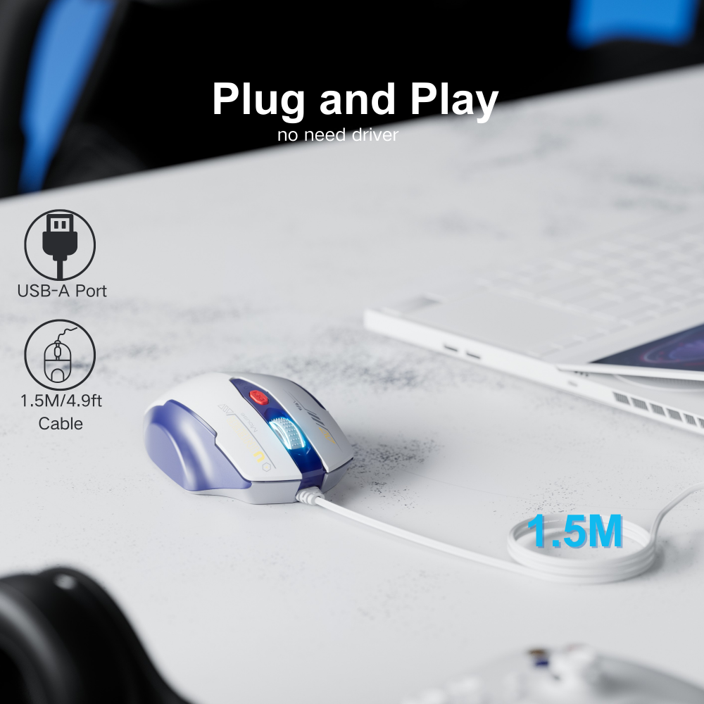 Uineer Wired Mouse, USB Wired Mouse with 6 Buttons Ergonomic Design,1.5M USB Cable Computer Mouse Gaming Mice 7200DPI Optical Mouse for PC Laptop, Bluewhite