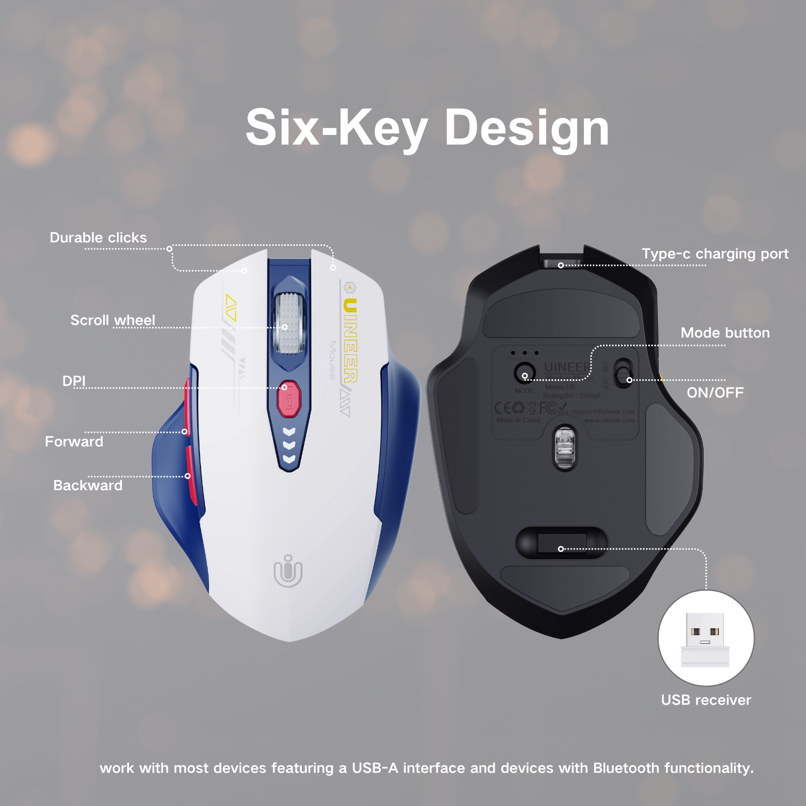 Uineer Bluetooth Mouse,[Upgraded] Multi-Device Wireless mouse,Visible Battery Level,Tri-mode (BT 5.0/4.0+2.4G Hz) Rechargeable Ergonomic mouse, 4 Adjustable DPI,Coldless mouse for Laptop and PC,Bluewhite
