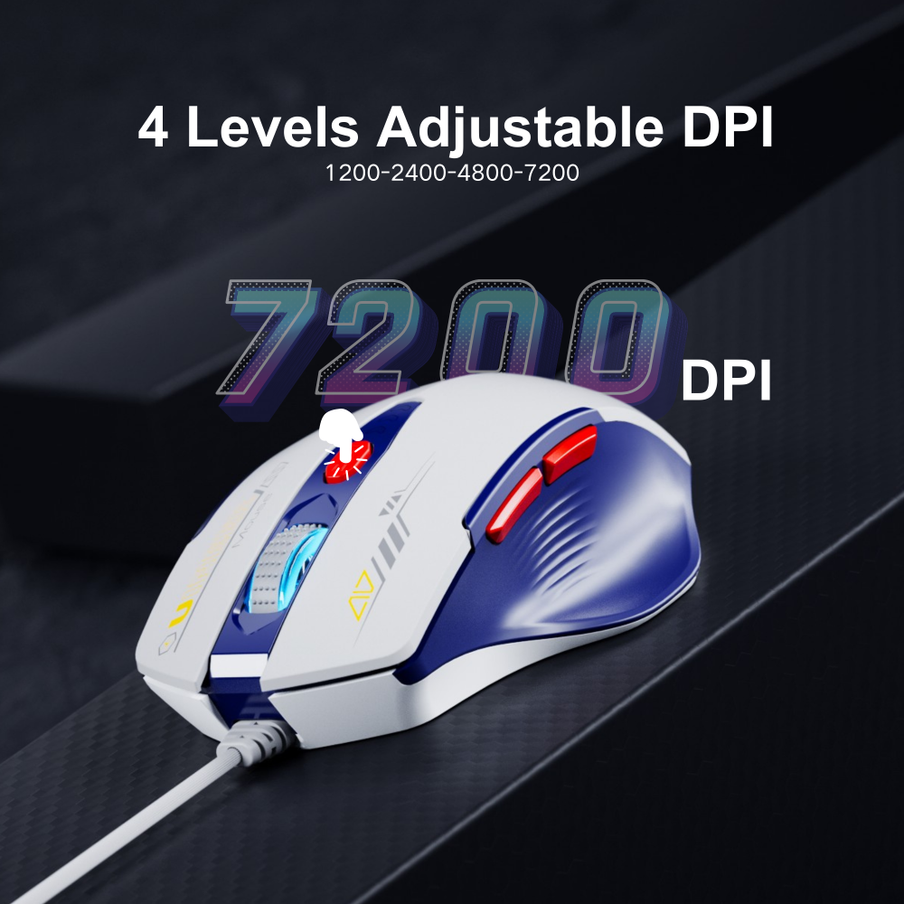 Uineer Wired Mouse, USB Wired Mouse with 6 Buttons Ergonomic Design,1.5M USB Cable Computer Mouse Gaming Mice 7200DPI Optical Mouse for PC Laptop, Bluewhite