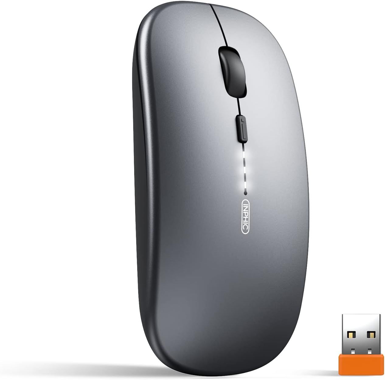 INPHIC M1PRO Bluetooth Mouse, INPHIC Multi-Device Slim Silent Rechargeable Bluetooth Wireless Mouse (Tri-Mode: BT 5.0/4.0+2.4G), 1600DPI Portable Mouse for iPad MacBook Laptop Android Tablet Windows PC, Grey