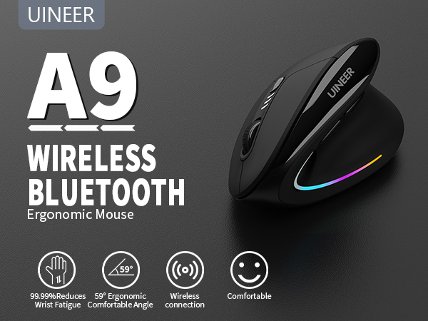 Uineer Ratón ergonómico Vertical inalámbrico 【Comodidad Mejorada】, diseño Ligero y silencioso, Recargable con Bluetooth, iluminación RGB, Ideal para Oficina, Compatible con PC, portátil y Mac