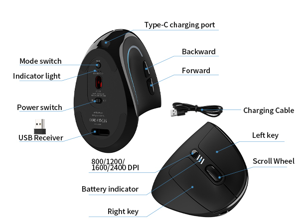 Uineer Ratón ergonómico Vertical inalámbrico 【Comodidad Mejorada】, diseño Ligero y silencioso, Recargable con Bluetooth, iluminación RGB, Ideal para Oficina, Compatible con PC, portátil y Mac