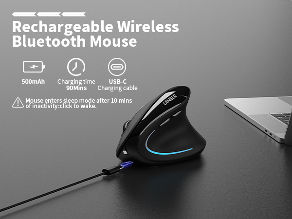 Uineer Ratón ergonómico Vertical inalámbrico 【Comodidad Mejorada】, diseño Ligero y silencioso, Recargable con Bluetooth, iluminación RGB, Ideal para Oficina, Compatible con PC, portátil y Mac