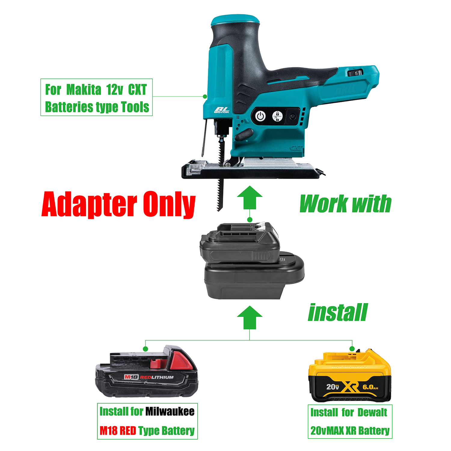 1 Adapter for Milwaukee M18 18v or DeWalt 20v Batteries to Power Makita 12v CXT Type Tools - No Charging Function, Adapter Only, Battery and Tool Not Included