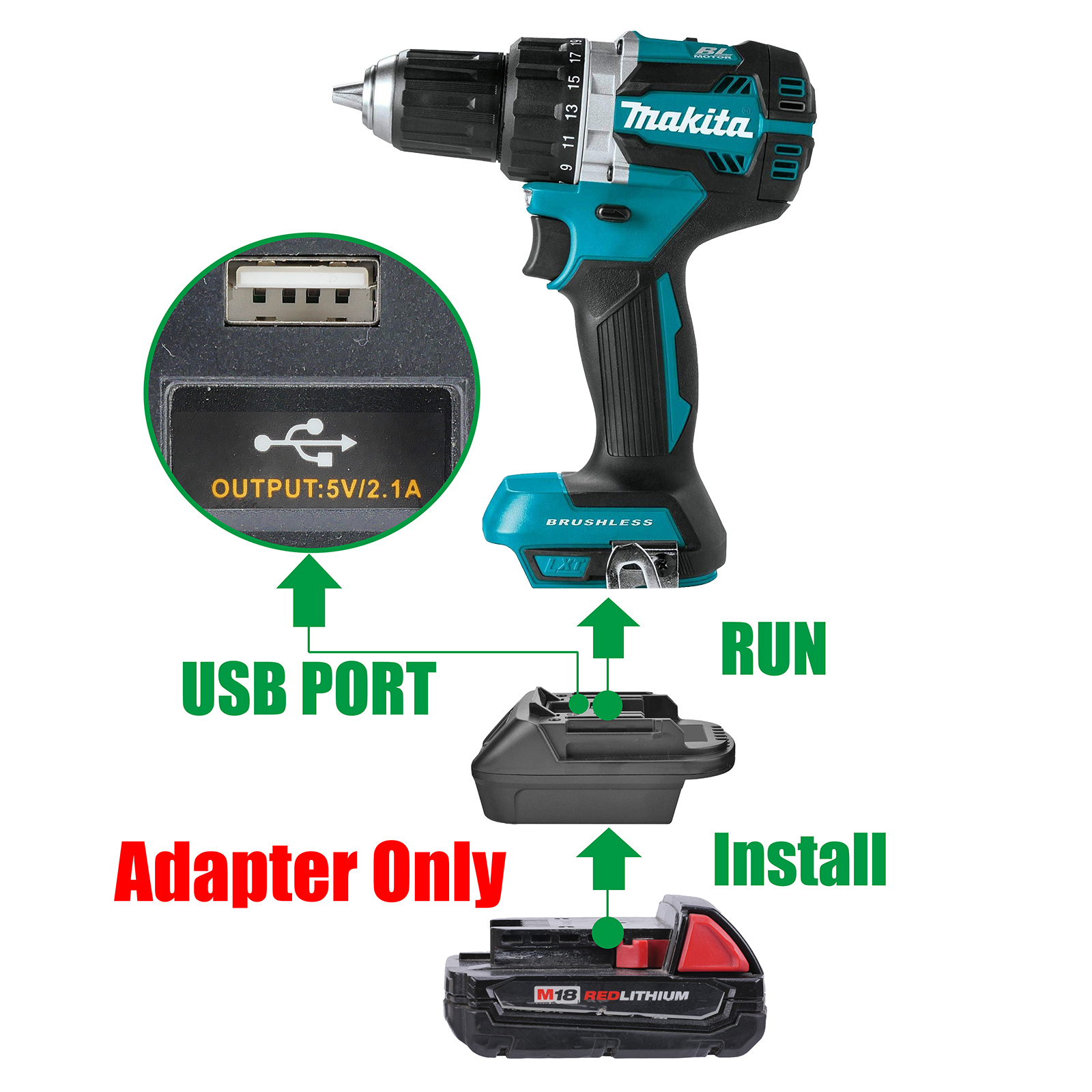 1 Adapter for Milwaukee M18 Batteries to Power Makita 18v LXT Tools - No Charging Function, Adapter Only, Battery and Tool Not Included