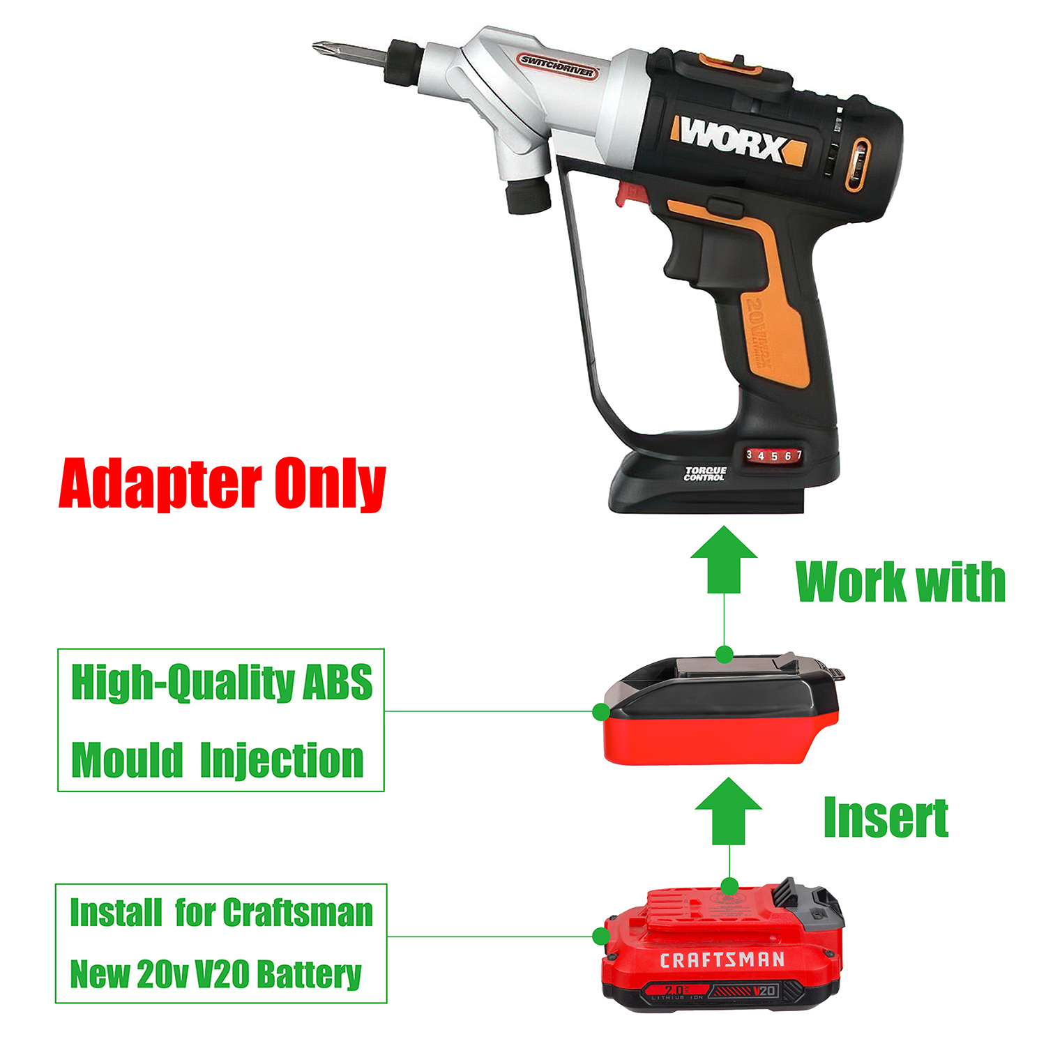 1 Adapter for Craftsman New 20v V20 Batteries to Power Worx 20v Tools - No Charging Function, Adapter Only, Battery and Tool Not Included