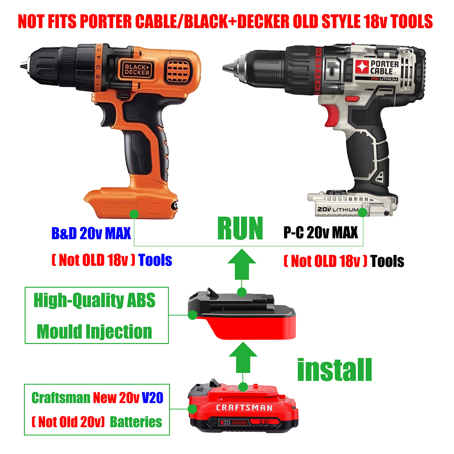 1 Adapter for Craftsman New 20v V20 Batteries to Power Porter Cable / Black & Decker 20v MAX Tools - No Charging Function, Adapter Only, Battery and Tool Not Included