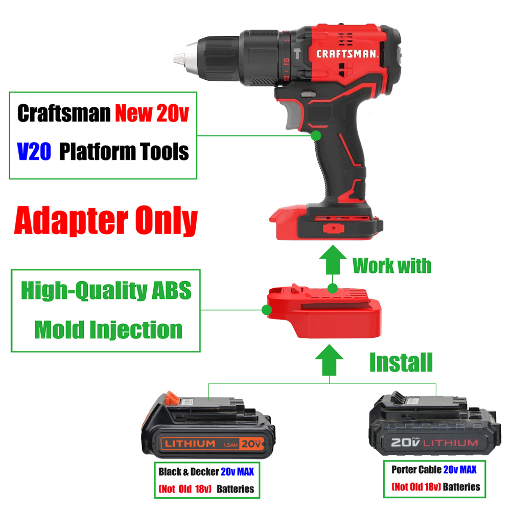1 Adapter for Black & Decker or Porter Cable 20v Batteries to Power Craftsman NEW 20v V20 Tools - No Charging Function, Adapter Only, Battery and Tool Not Included
